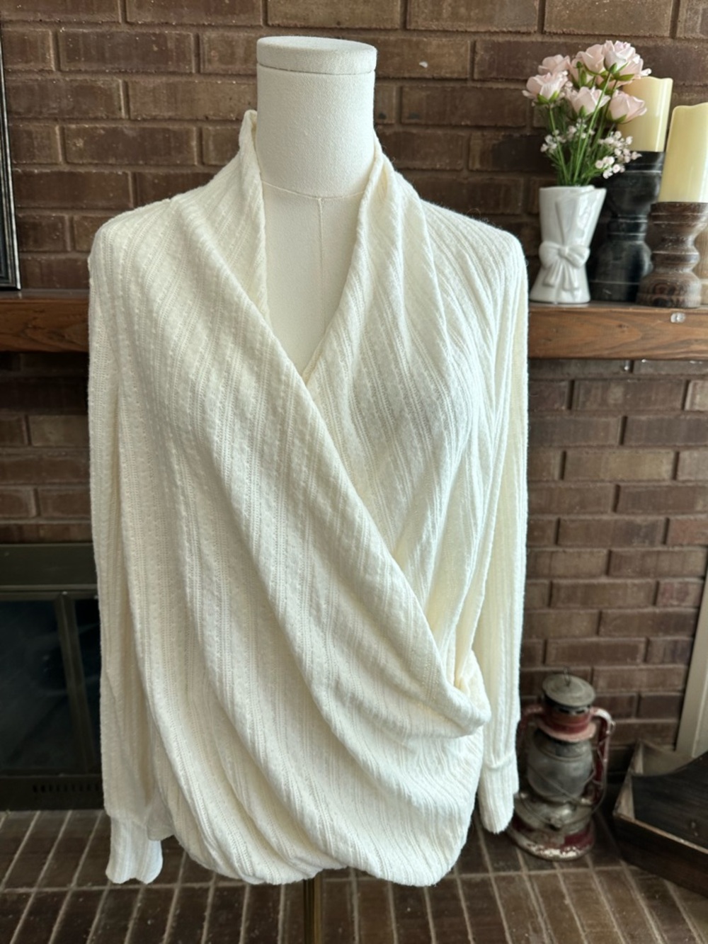 Maeve Anthropologie Cream Ribbed Cable Knit Faux Wrap Front Top S